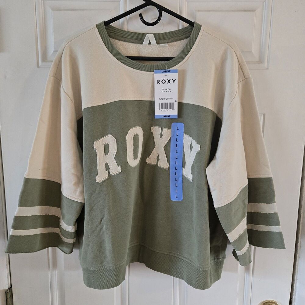 Roxy Game On Womens Large Pullover Olive Varsity Logo Colorblock Sweatshirt NWT